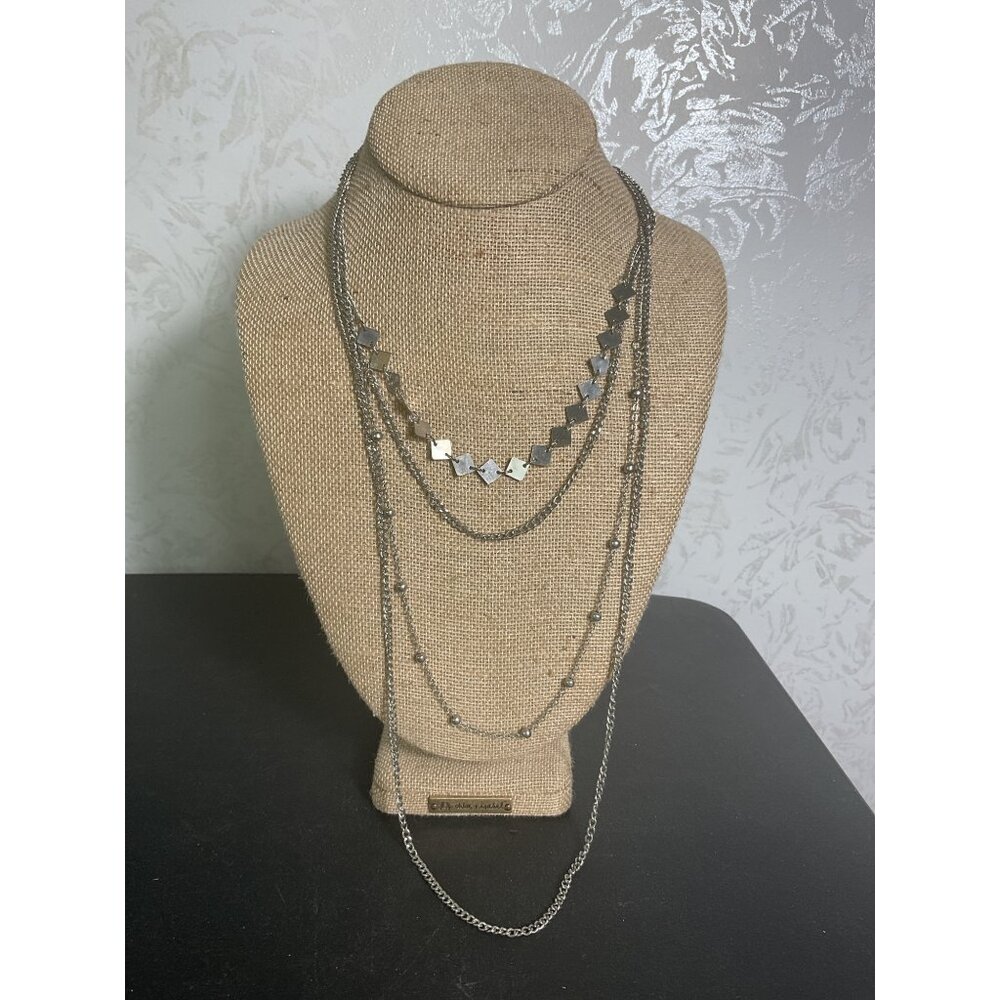 Multi-Layer Silver-Tone Chain Necklace With Geometric & Beaded Chains Adjustable